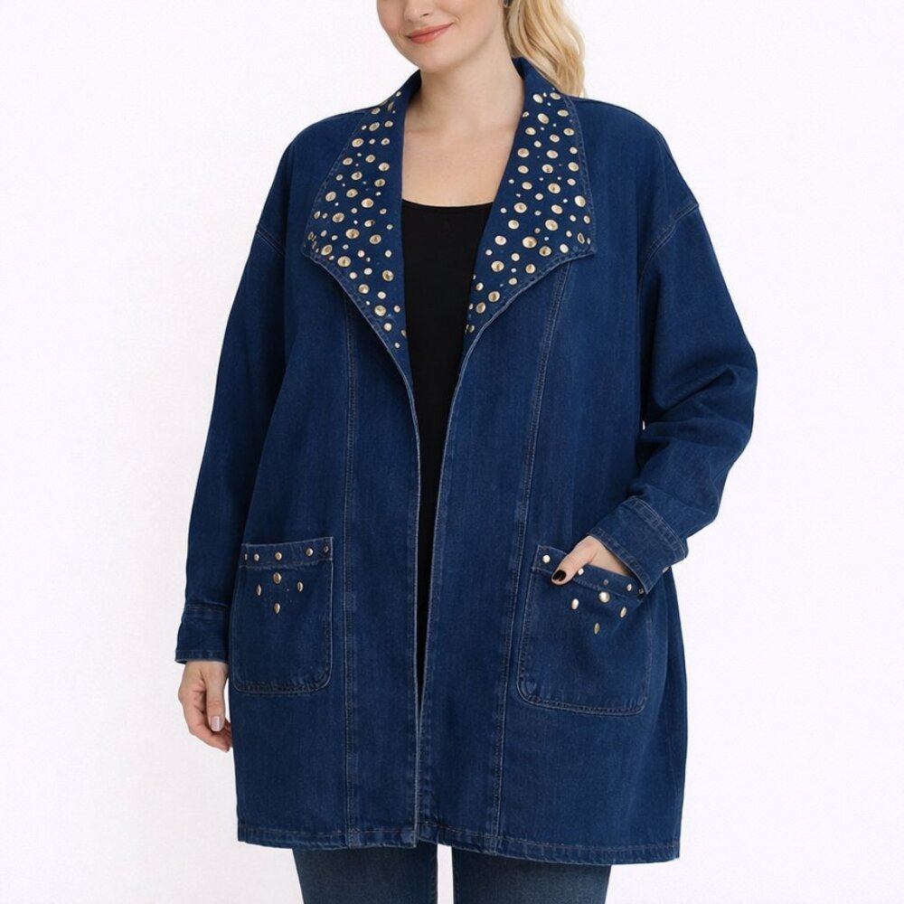 Open Embellished Indigo Denim Coat Jacket XXL NWT